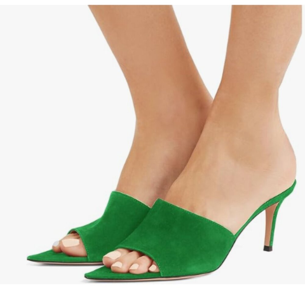 Green Suede Open-Toe Mule Heels